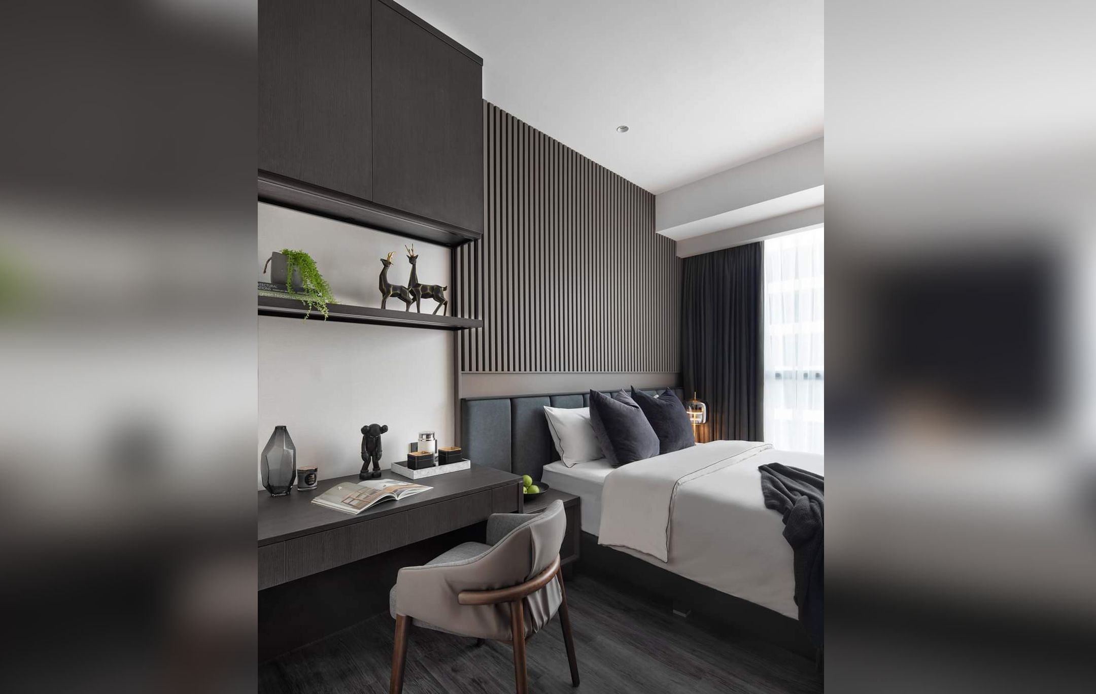 Design Interior bedroom minimalis modern klapa gading warna putih hitam warm monocrome hpl