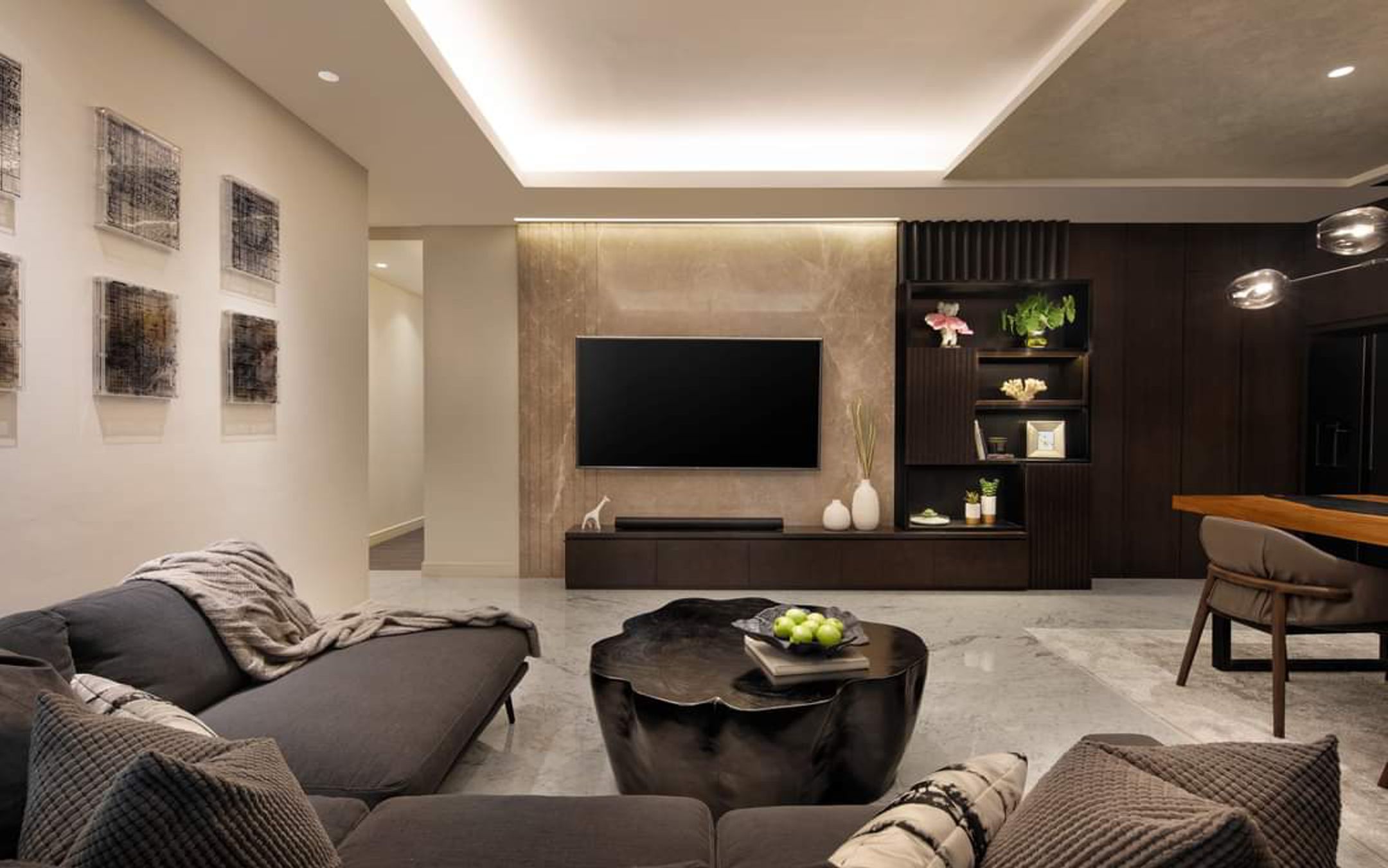 Design Interior Modern Livingroom mewah luxury residence Perumahan Sactuary Bogor sofa custom meja bundar solid surface cabinet hpl wood