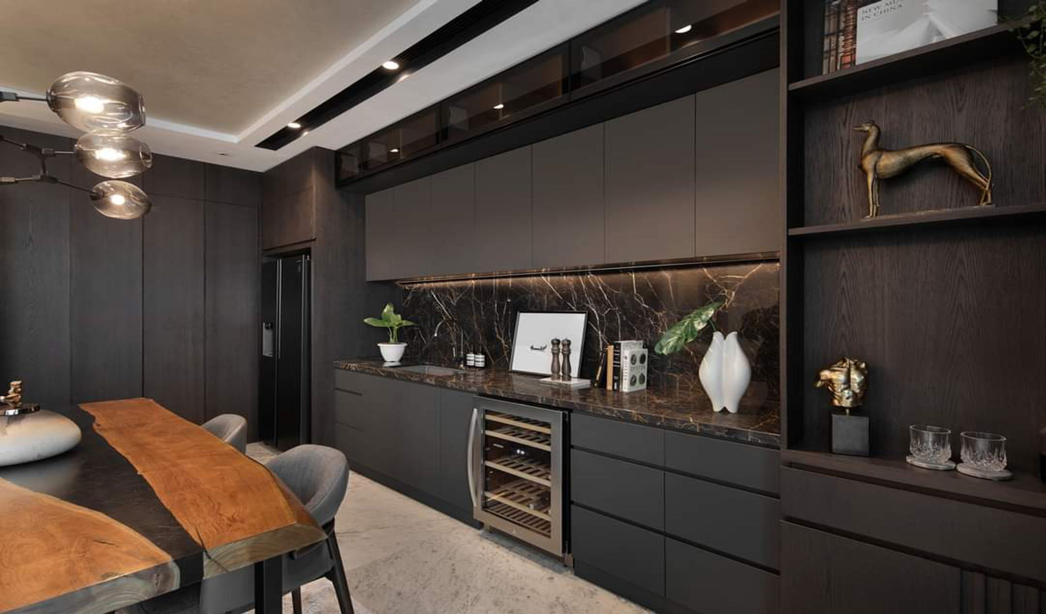 Interior Design Livingroom Jakarta Selatan modern mewah luxury warna hitam HPL hitam kursi dan meja custom hpl wood texture kayu kabinet cabinet hitam