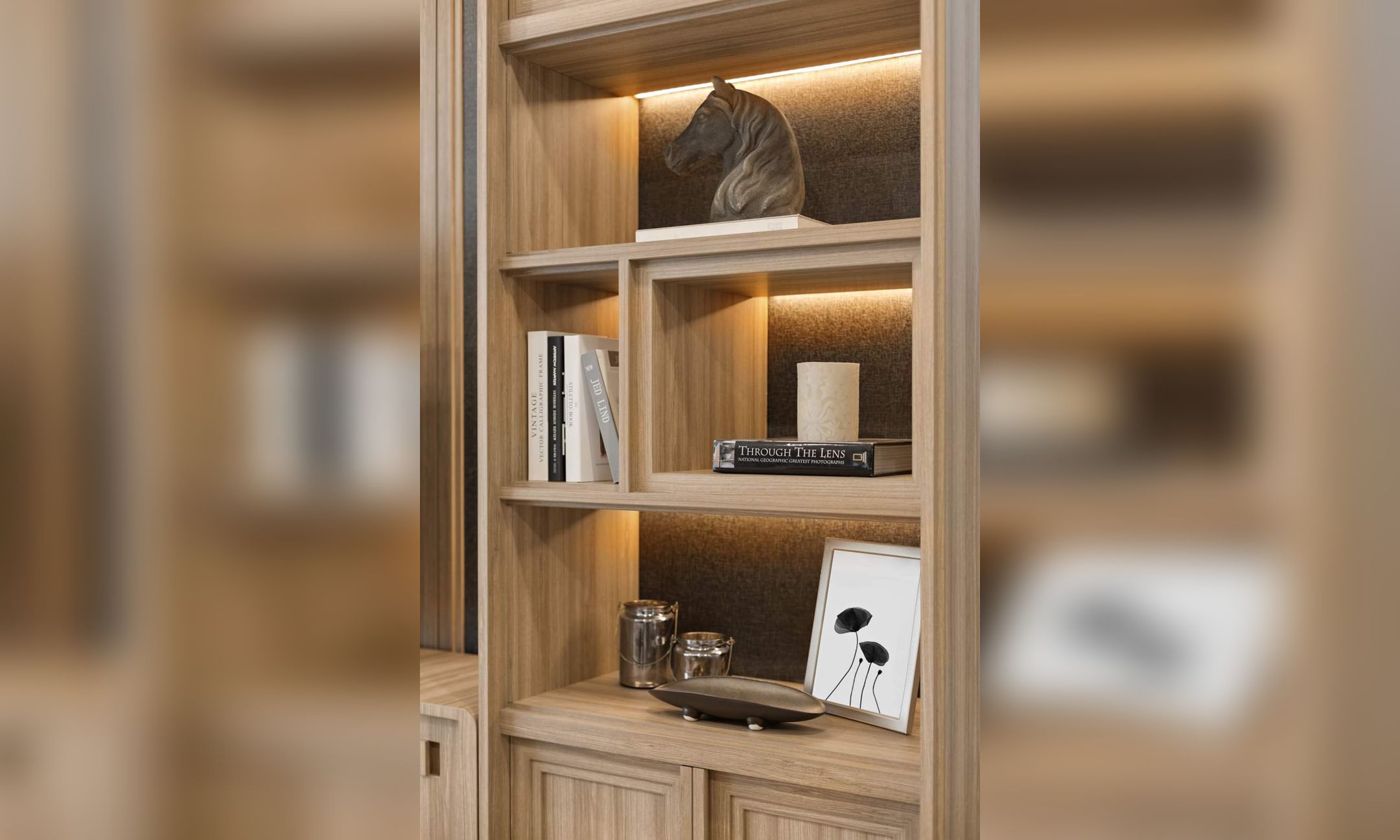 Design Interior Minimalis Modern Rak Kabinet di Jakarta, Material HPL wood (kayu), lighting warm fungsional dan ornamental