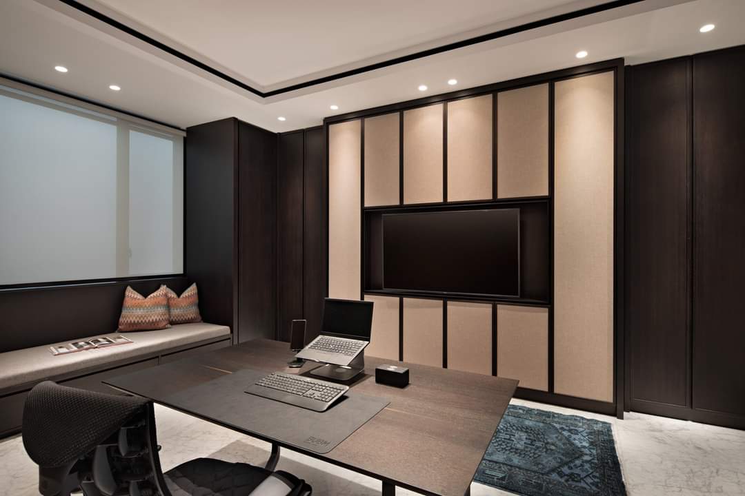 Design Interior Office Kantor Minimalis Modern Mewah di BSD Serpong - Tangerang - Banten, bahan HPL Hitam tekstur kayu, Kabinet, Wallpanel, tempat tidur, Bed