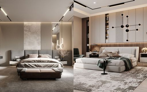 kamar ( bedroom ) minimalis modern warna putih abu-abu hitam, wallpanel lighting warm 
