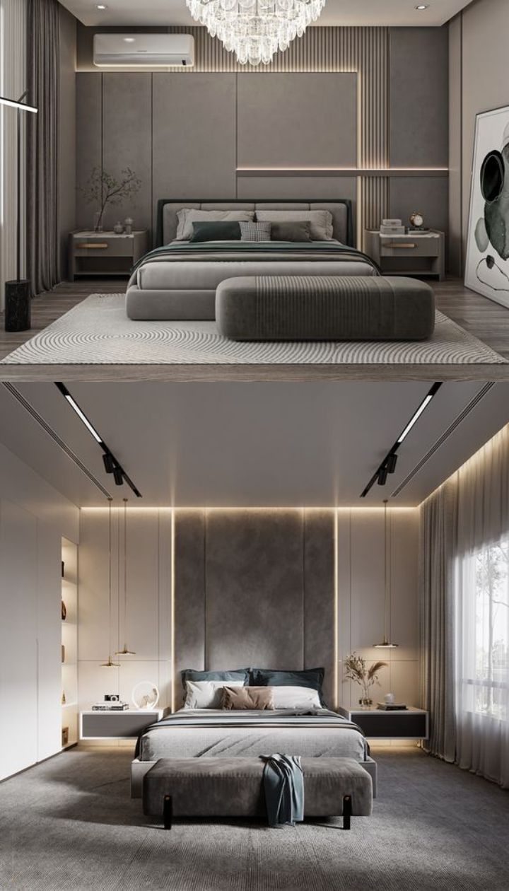 design interior bedroom ( kamar tidur ) warna hitam abu-abu teduh nyaman bahan hpl finishing duco