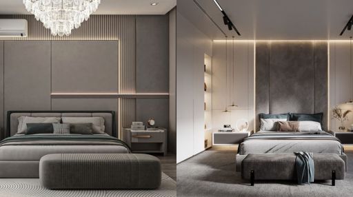 design interior bedroom ( kamar tidur ) warna hitam abu-abu teduh nyaman bahan hpl finishing duco