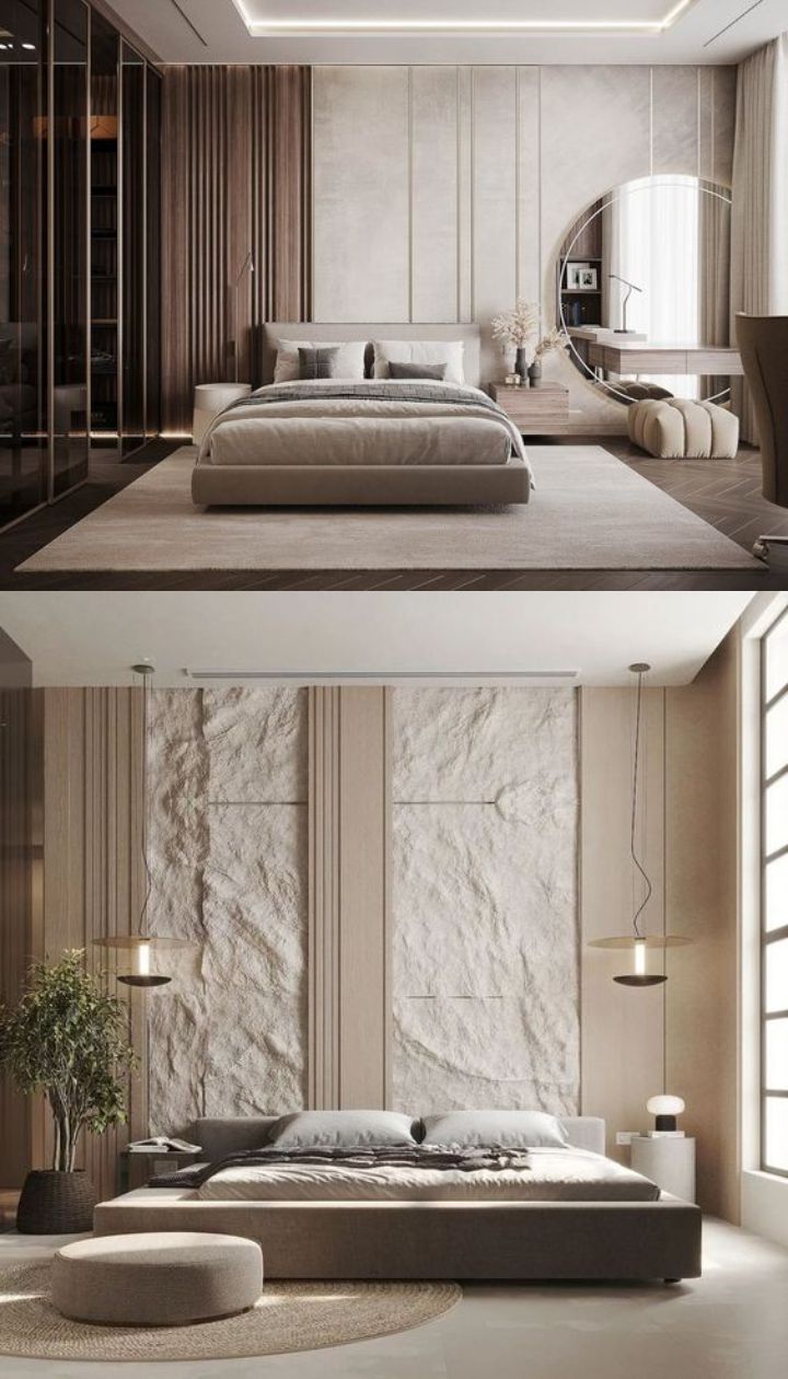 design interior kitchen ( dapur ) modern warna putih abu-abu coklat wallpanel putih cermin bulat dinding batu alam