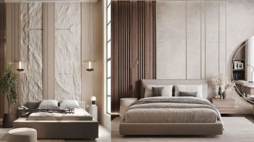 design interior kitchen ( dapur ) modern warna putih abu-abu coklat wallpanel putih cermin bulat dinding batu alam