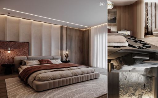 Design Interior Bedroom ( desain ruangan kamar ) minimalis modern warna hpl kayu hitam putih krem flooring karpet lighting warm 