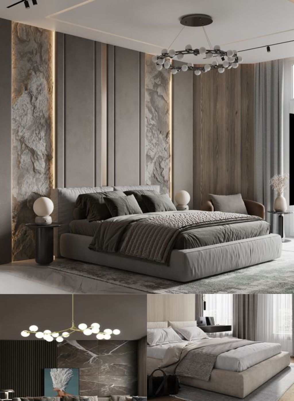 design interior bedroom ( desain ruangan kamar tidur ) modern bahan hpl batu alam warna hitam putih abu-abu finishing duco