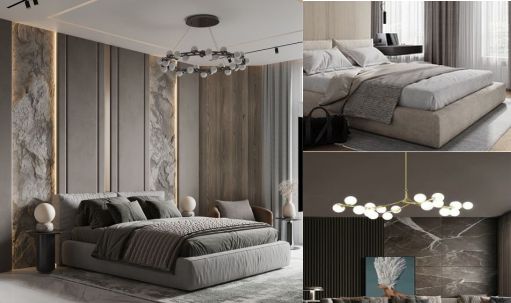 design interior bedroom ( desain ruangan kamar tidur ) modern bahan hpl batu alam warna hitam putih abu-abu finishing duco