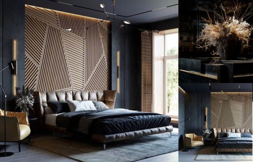 Design interior bedroom ( desain ruang kamar ) minimalis modern warna hitam tekstur kayu finishing duco glossy material HPl 