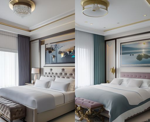 design interior bedroom classic ( desain ruangan kamar tidur klasik ) warna putih aksen emas dengan lukisan dan lampu hias, kasur putih 