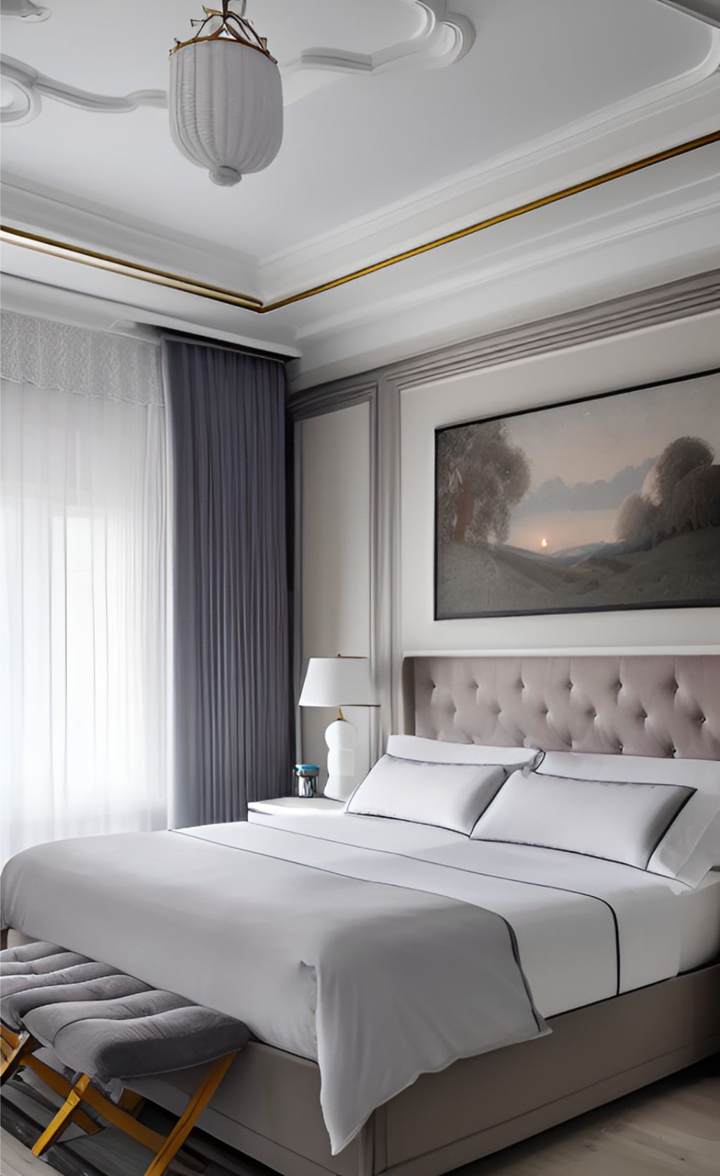 design interior bedroom classic ( desain ruangan kamar tidur klasik ) warna putih aksen emas dengan lukisan dan lampu hias, kasur putih 