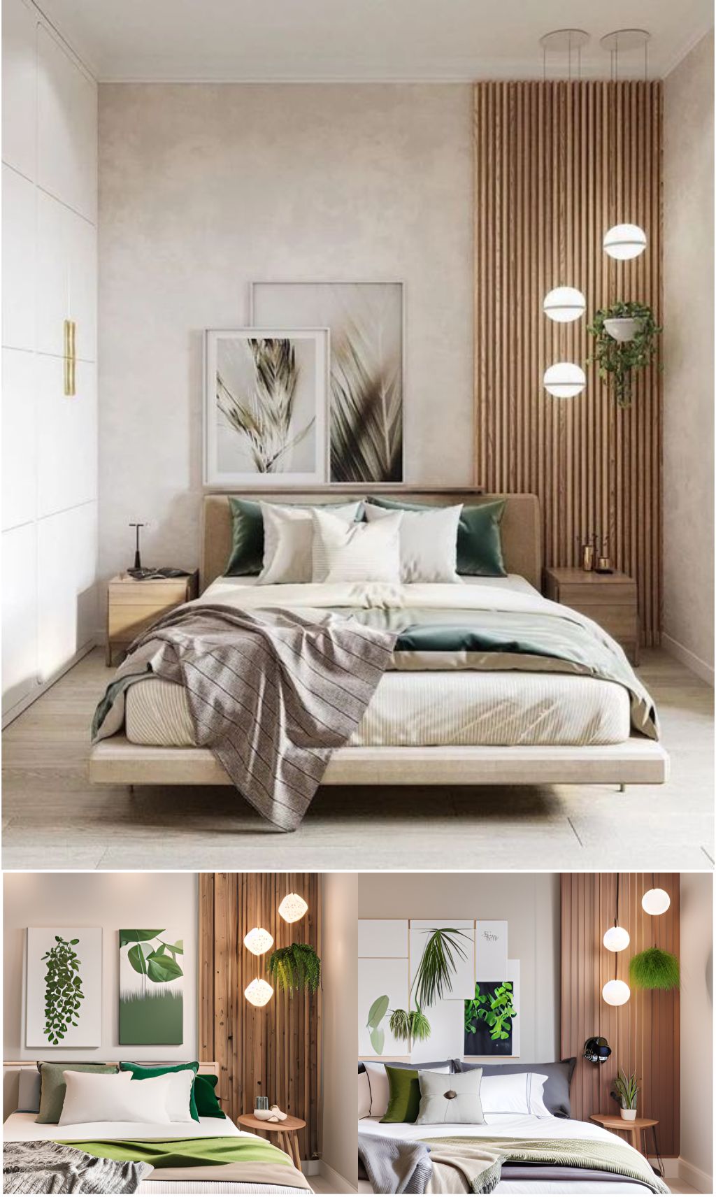 design interior bedroom ( desain ruangan kamar tidur ) minimalis modern, wallpanel kayu hpl, dinding putih, kasur putih, dilengkapi tanaman hijau dan lampu bola