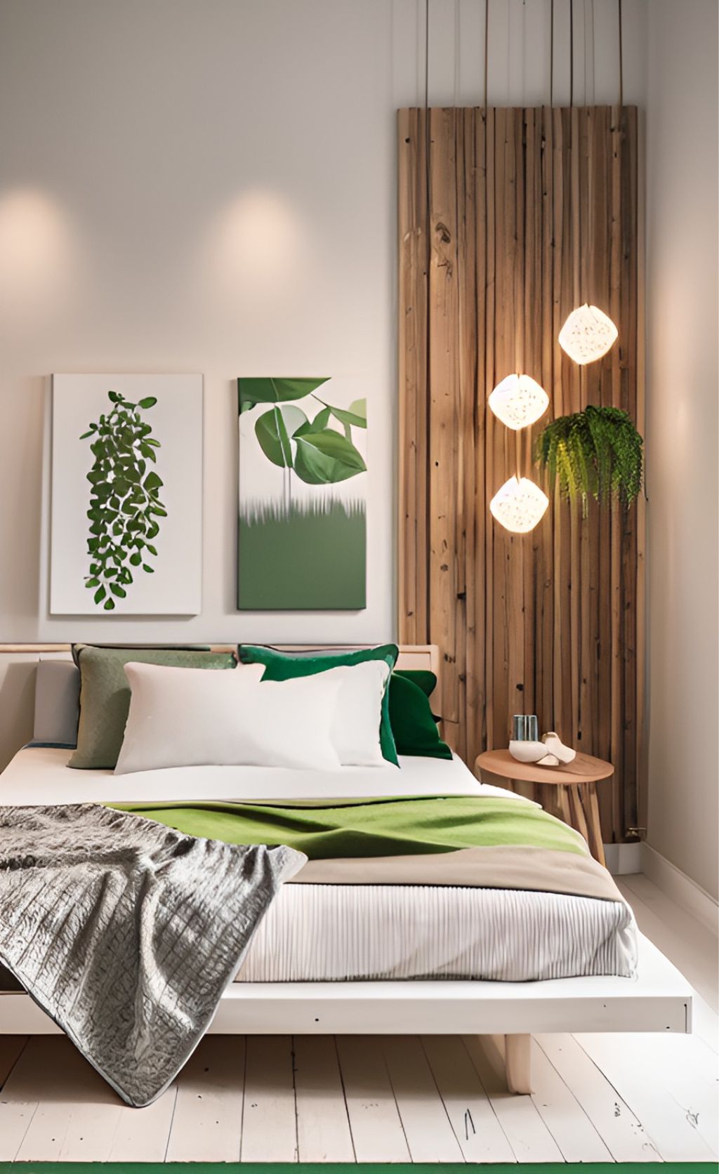 design interior bedroom ( desain ruangan kamar tidur ) minimalis modern, wallpanel kayu hpl, dinding putih, kasur putih, dilengkapi tanaman hijau dan lampu bola