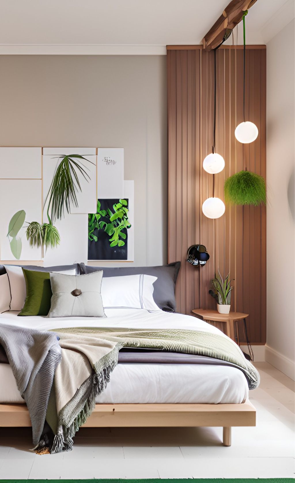 design interior bedroom ( desain ruangan kamar tidur ) minimalis modern, wallpanel kayu hpl, dinding putih, kasur putih, dilengkapi tanaman hijau dan lampu bola