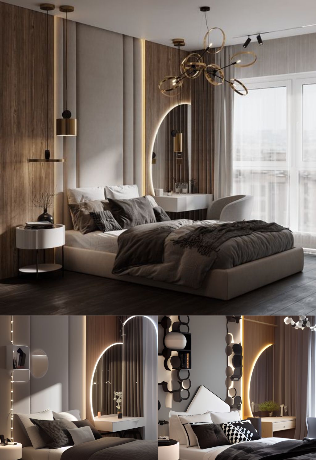 design interior bedroom modern ( desain ruangan kamar tidur modern ), kasur putih, bedcover hitam, nakas putih, wallpanel hpl kayu , cermin kaca di pojok , lampu hias gantung