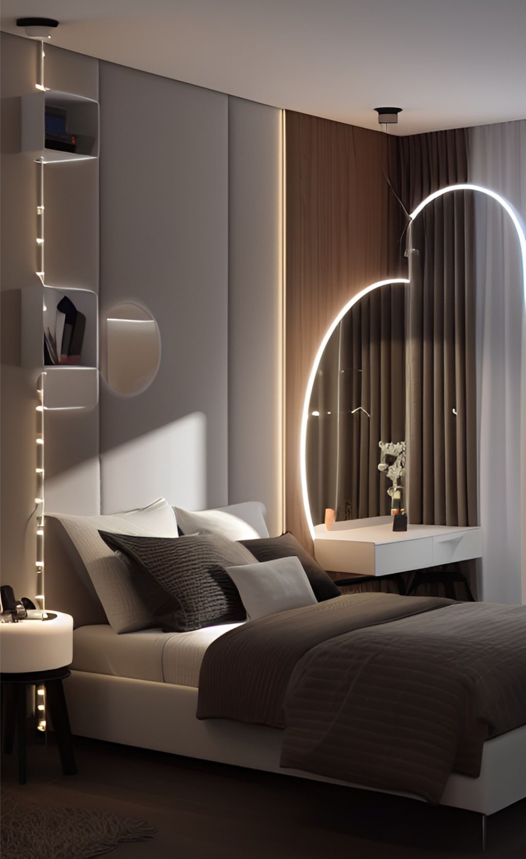 design interior bedroom modern ( desain ruangan kamar tidur modern ), kasur putih, bedcover hitam, nakas putih, wallpanel hpl kayu , cermin kaca di pojok , lampu hias gantung