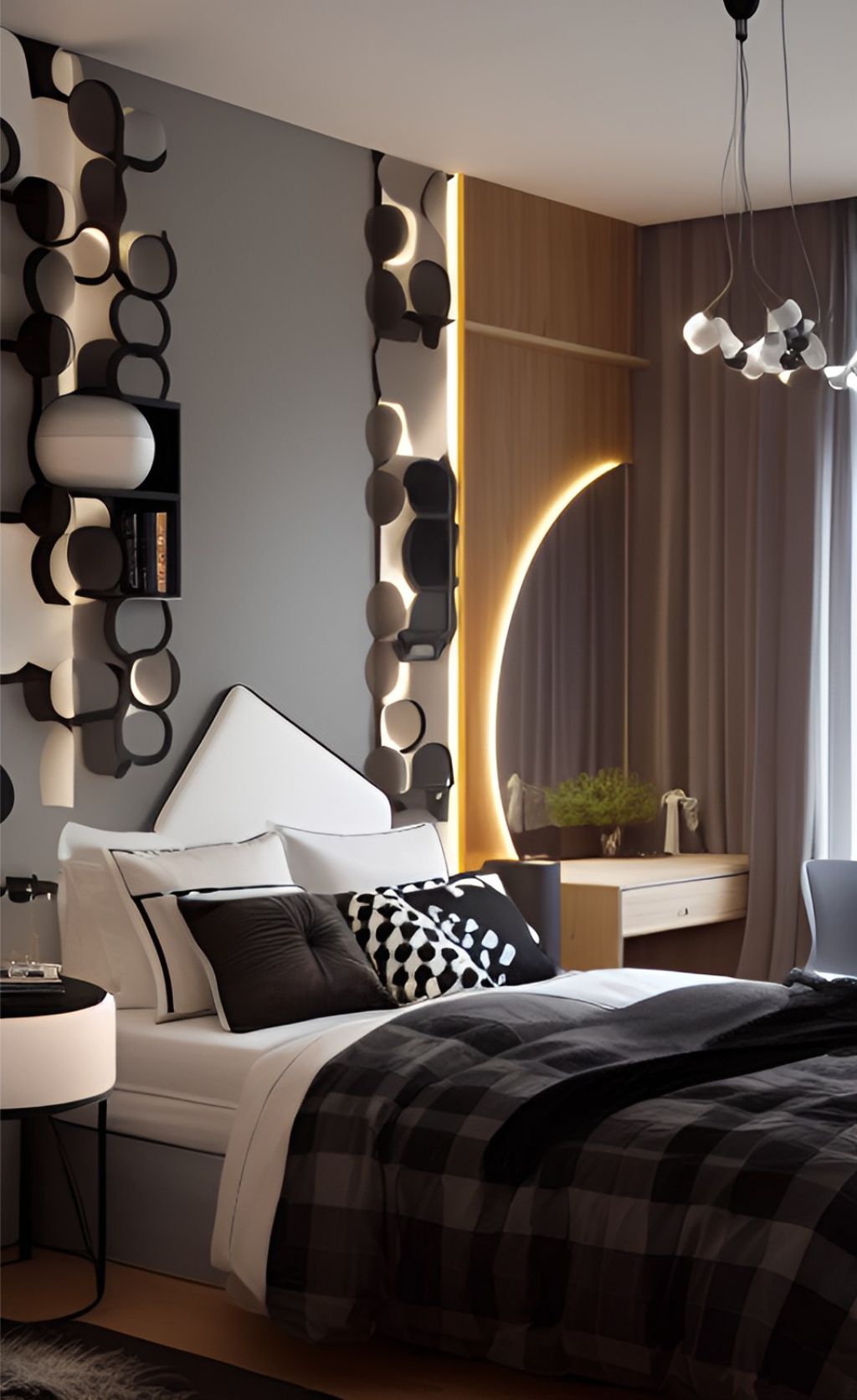 design interior bedroom modern ( desain ruangan kamar tidur modern ), kasur putih, bedcover hitam, nakas putih, wallpanel hpl kayu , cermin kaca di pojok , lampu hias gantung