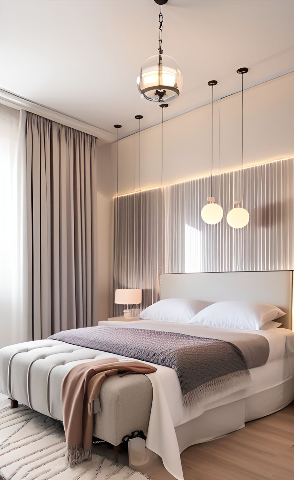 design interior bedroom minimalis modern ( desain ruang kamar tidur minimalis modern ) tirai transparan, tirai abu-abu, kasur putih, cermin bulat, meja rias di pojok, wallpanel