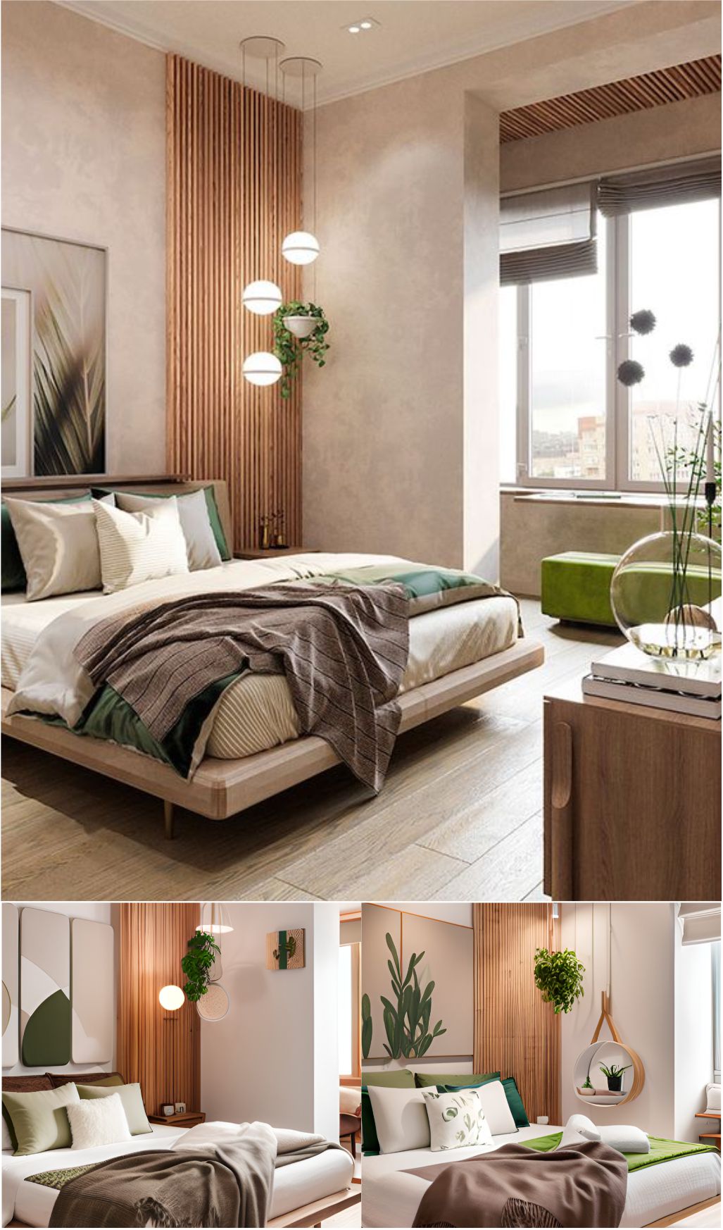 design interior bedroom minimalis ( desain ruangan kamar tidur minimalis ) dinding putih, wallpanel kayu hpl, lukisan , kasur putih, tanaman hijau bunga, lampu hias digantung