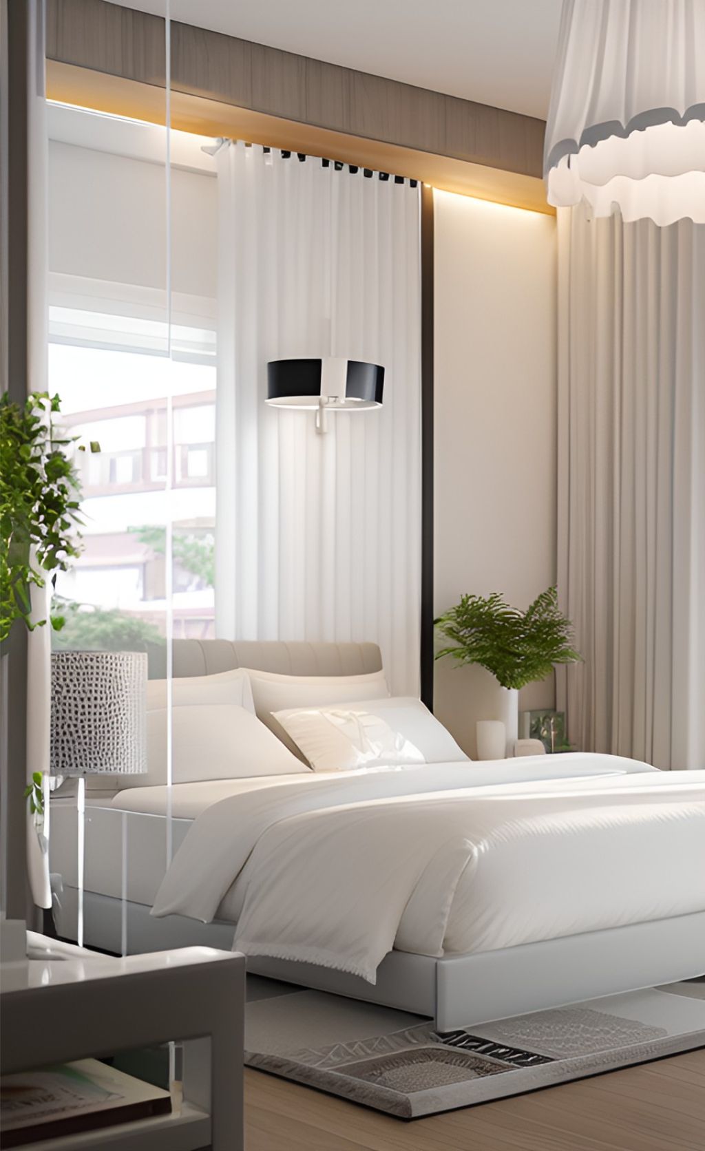 design interior bedroom modern minimalis ( desain ruang kamar tidur minimalis modern ) bedroom dominated by white color, a foliage on each corner, sleek glossy 