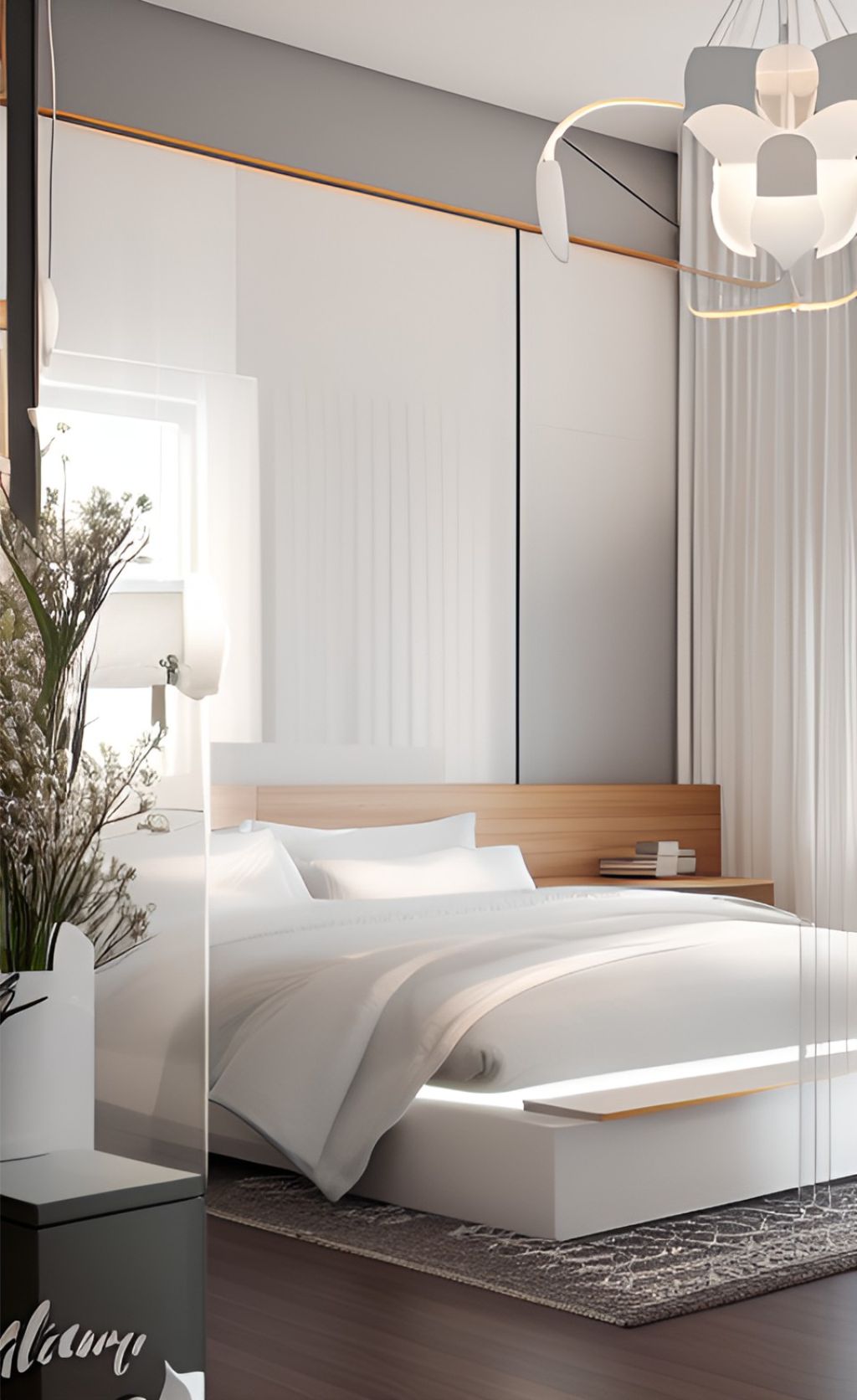 design interior bedroom modern minimalis ( desain ruang kamar tidur minimalis modern ) bedroom dominated by white color, a foliage on each corner, sleek glossy 