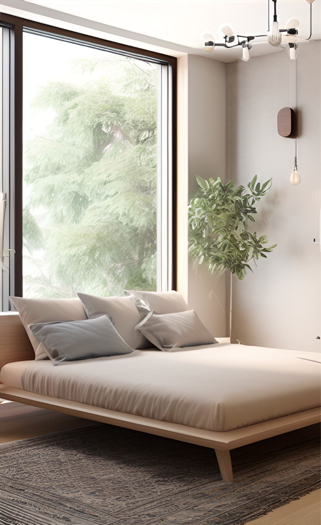 desain ruang kamar tidur minimalis dengan tumbuhan dan lampu hias gantung ( design interior bedroom minimalist )