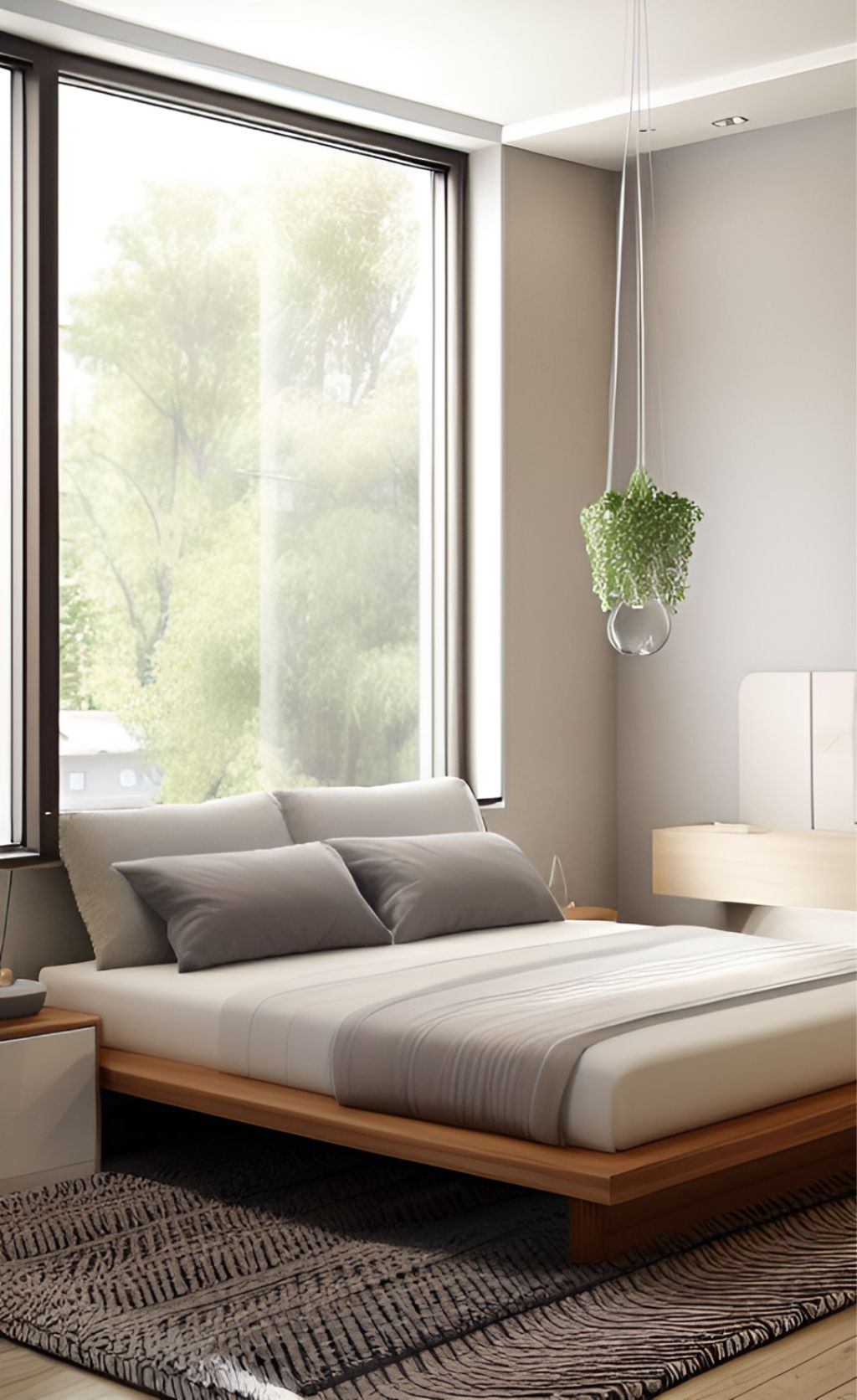 desain ruang kamar tidur minimalis dengan tumbuhan dan lampu hias gantung ( design interior bedroom minimalist )