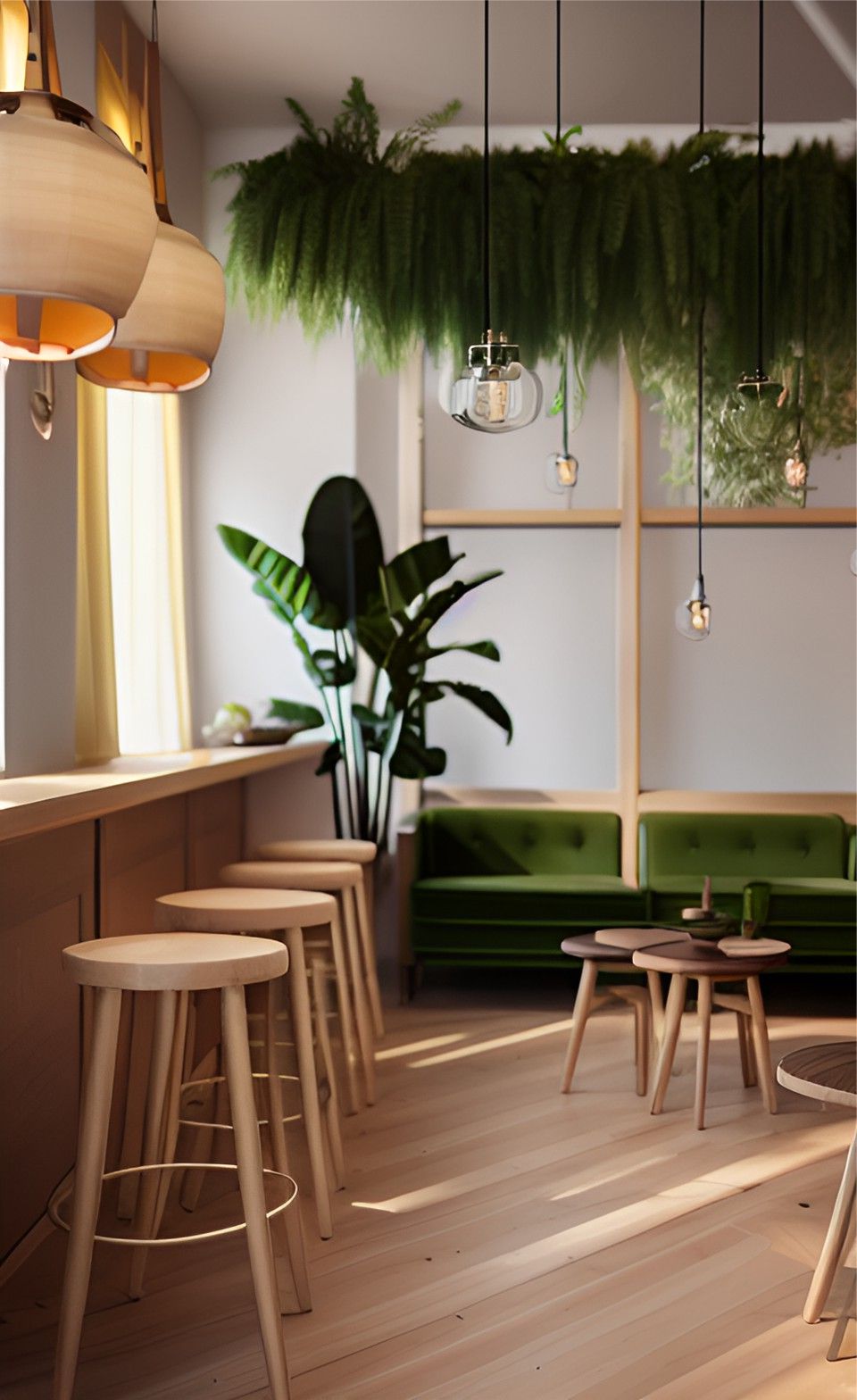 design interior cafe ( ruangan kafe ) cafe with round wooden stools, 2 round wooden table, a minibar, 4 decorative hanging lamps, a foliage on the corner, a green sofa, green vines hanging on the wall swaying to the ground