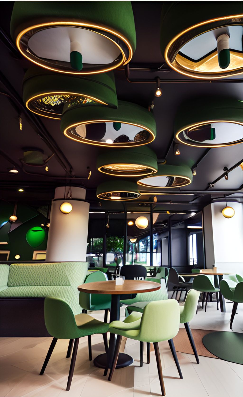design interior cafe ( desain ruangan kafe ) unik dengan tumbuhan hijau, lampu bulat dan cermin di atap , cafe with 3 white pillars,hanging circular mirrors toward the ground with golden lamps in the border of the mirrors, green vines hanging from black ceiling to the body lamps, green vines hanging on the wall, green foam upholstered classic chairs, beige foam upholstered foam classic chair, wooden tables