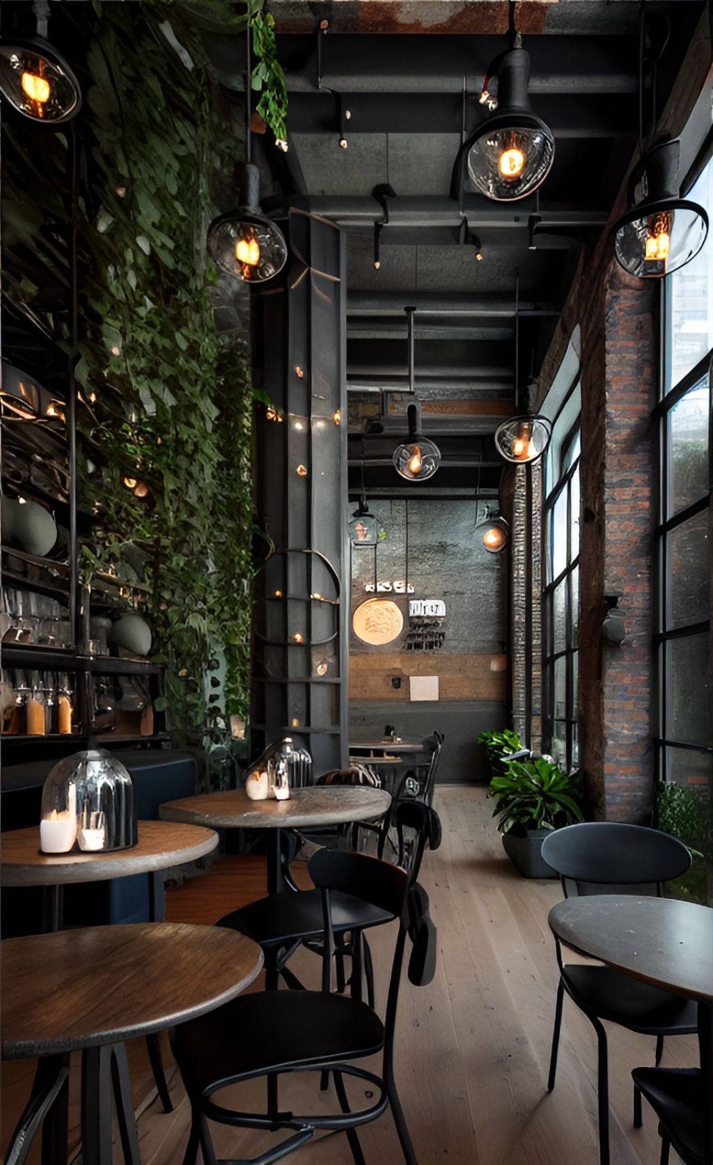 design interior cafe industrial ( desain ruangan kafe industrial ) lampu bulat bergelantungan, tumbuhan hijau merambat di dinding meja bulat, kursi dan sofa 