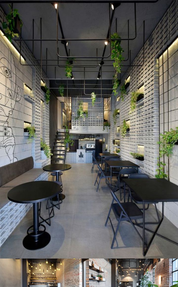 contoh gambar photo desain ruangan kafe ( design interior cafe ) indoor, meja besi bulat dan kotak berwarna hitam, dinding bata dan tembok, lampu gantung industrial