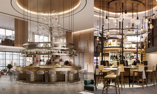 contoh gambar photo desain kafe dalam mall ( design interior cafe inside the mall ) restaurant inside the mall, unique beige stools legged with black steel, round bar made of wood, a shelve full of bottles positioned inside the round bar, 3 wooden circular ring stacked above the round bar hanging on some thin metal connected to ceiling, a circular lamp following the hole in the ceiling