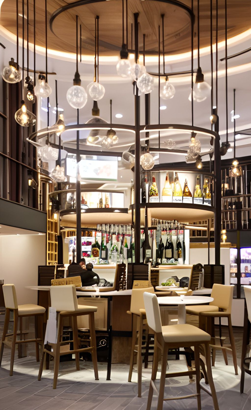 contoh gambar photo desain kafe dalam mall ( design interior cafe inside the mall ) restaurant inside the mall, unique beige stools legged with black steel, round bar made of wood, a shelve full of bottles positioned inside the round bar, 3 wooden circular ring stacked above the round bar hanging on some thin metal connected to ceiling, a circular lamp following the hole in the ceiling