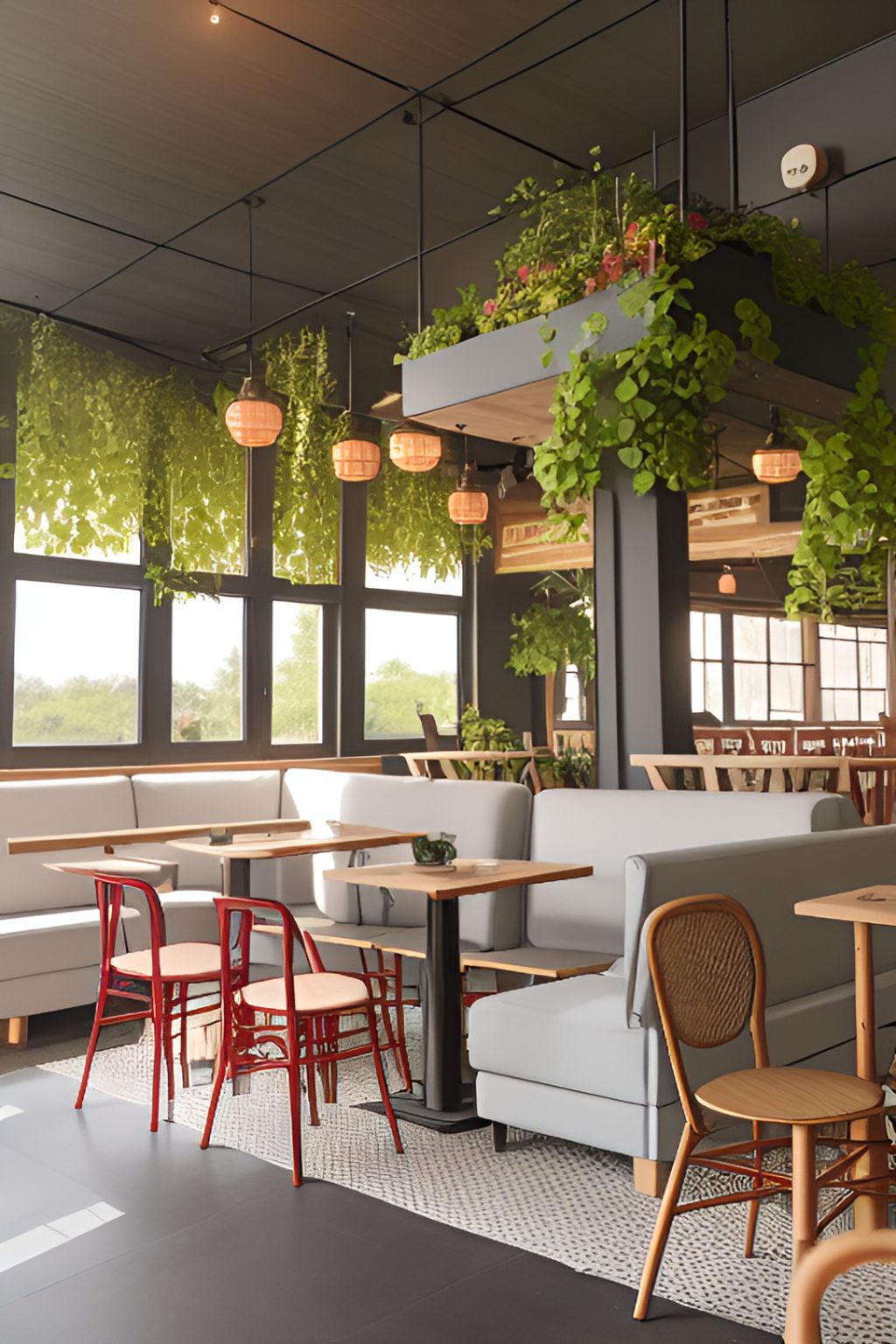 contoh gambar photo desain ruangan kafe ( design interior cafe ) dengan tumbuhan hijau tropis 