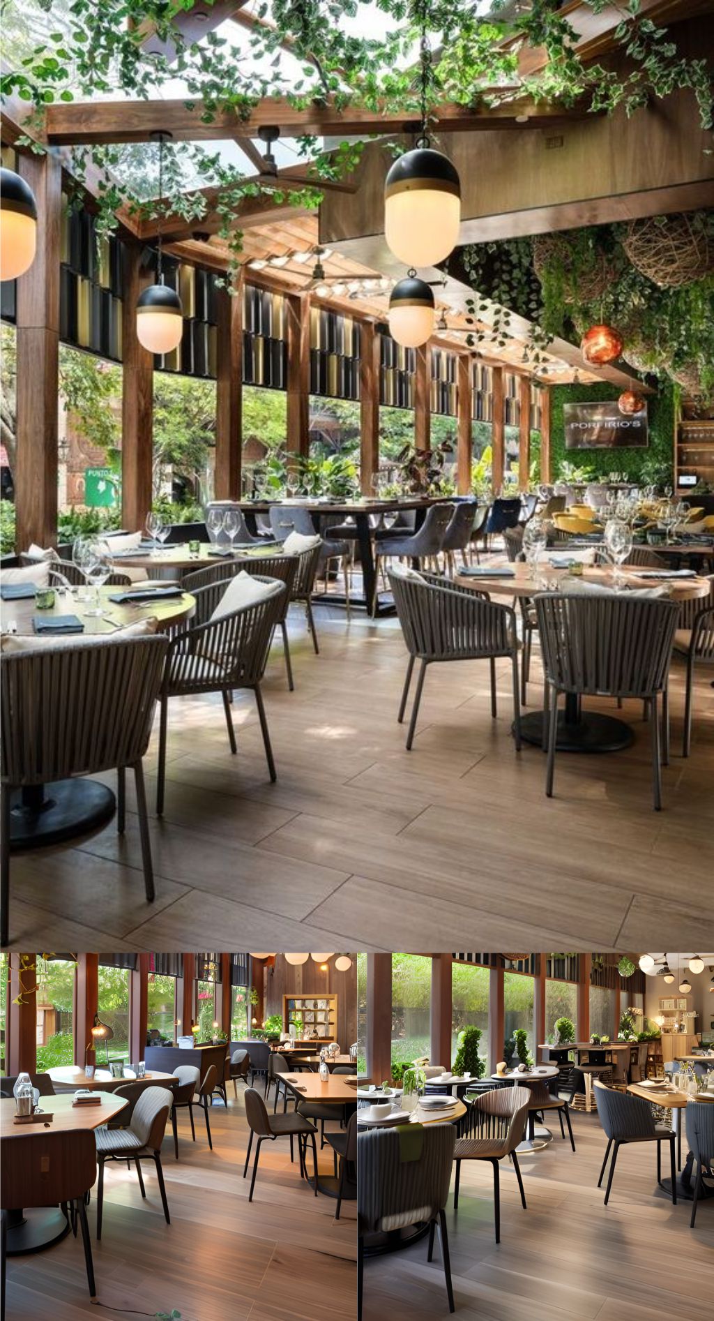 desain ruangan kafe farm house ( design interior cafe farm house ) dengan tumbuhan merambat di atap an dinding