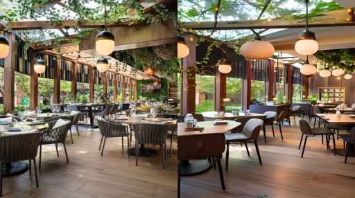 desain ruangan kafe farm house ( design interior cafe farm house ) dengan tumbuhan merambat di atap an dinding