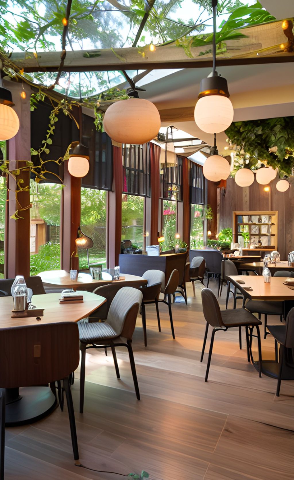 desain ruangan kafe farm house ( design interior cafe farm house ) dengan tumbuhan merambat di atap an dinding