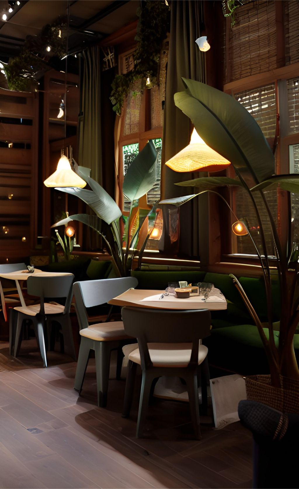 desain ruangan kafe farm house dengan pohon pisang-pisangan ( design interior cafe with giant bird of paradise )