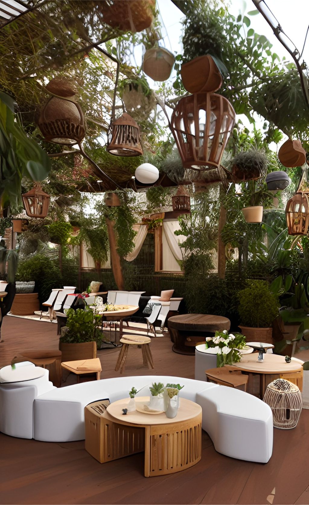 design ruangan kafe luar ruangan ( design interior cafe exterior ) farm house, tumbuhan gantung sofa unik 