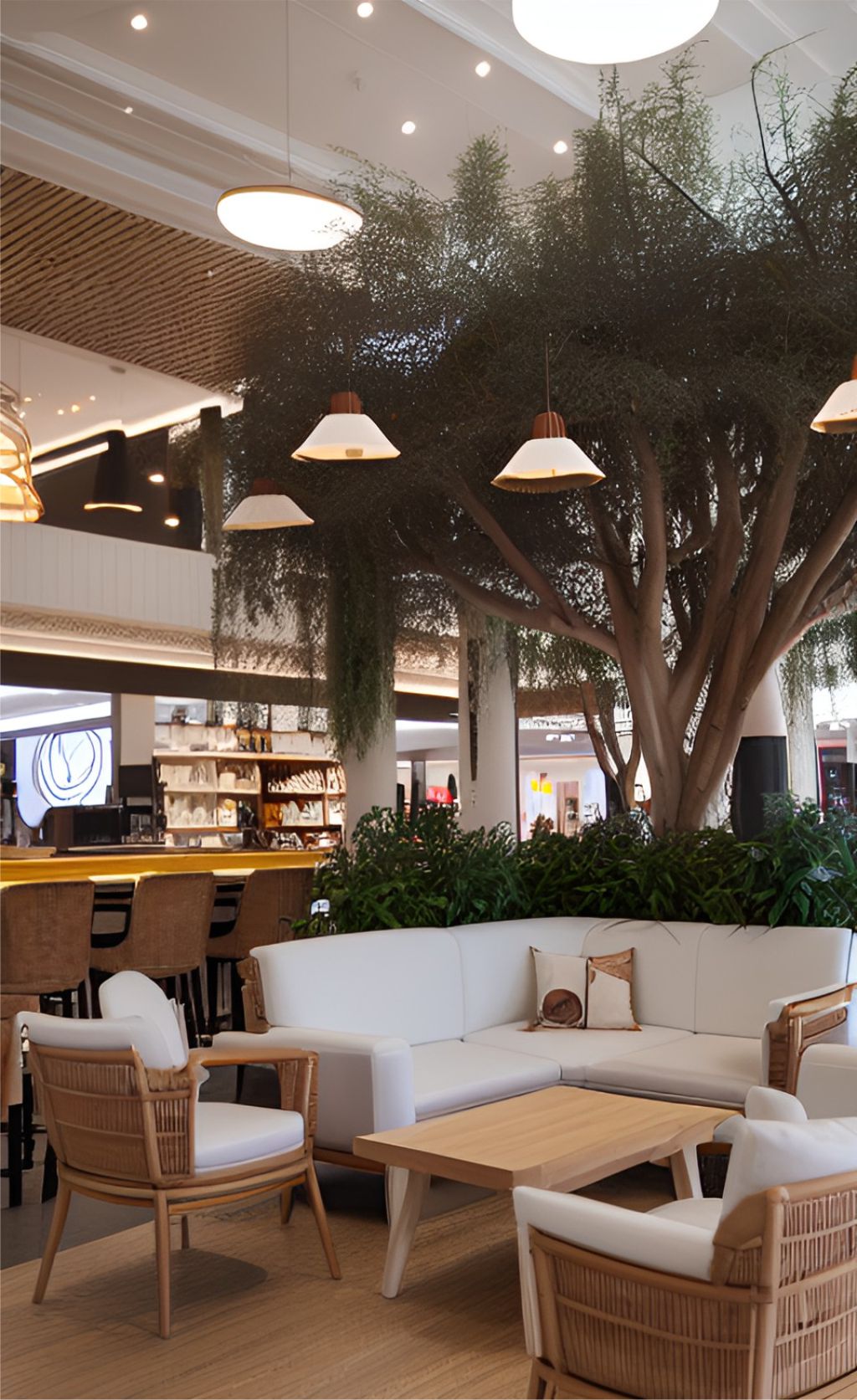 design ruangan kafe farm house dalam mall ( design interior cafe inside mall ) dengan pohon dan rumput tumbuhan hijau