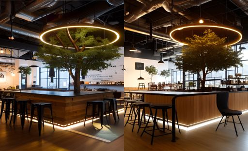 contoh gambar photo desain ruangan kafe indoor ( design interior cafe ) dengan pohon besar di dalam ruangan