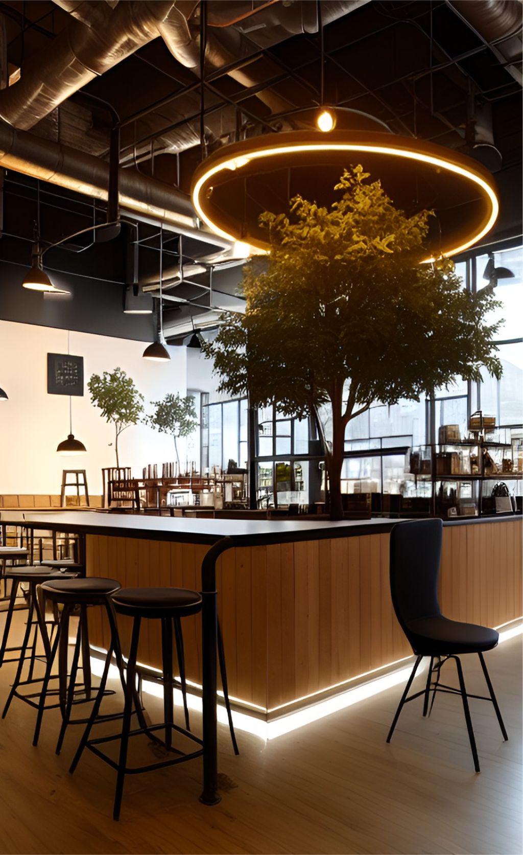 contoh gambar photo desain ruangan kafe indoor ( design interior cafe ) dengan pohon besar di dalam ruangan