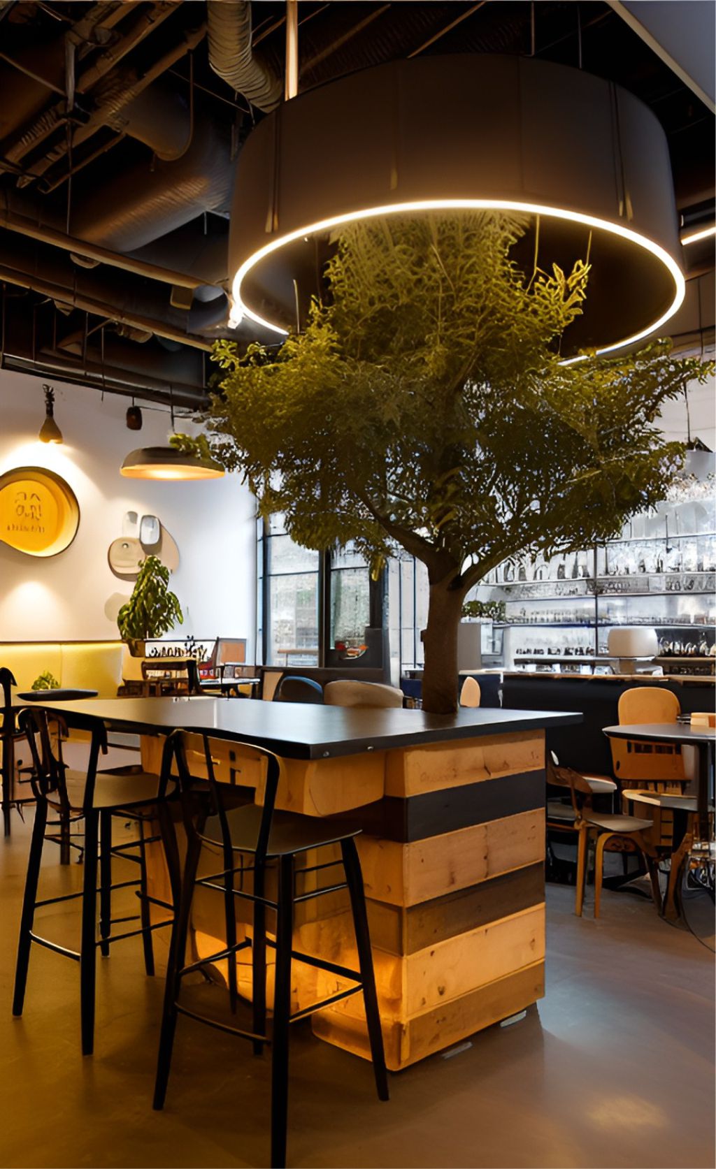 contoh gambar photo desain ruangan kafe indoor ( design interior cafe ) dengan pohon besar di dalam ruangan