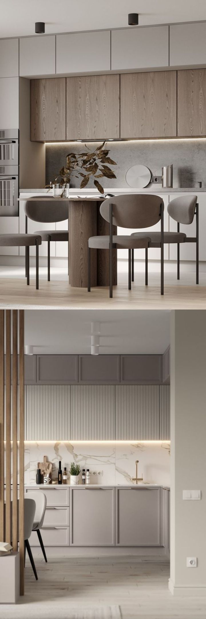 design interior kitchen / dapur  minimalis warna putih abu-abu hpl coklat 