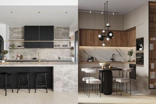 design interior kitchen ( dapur ) minimalis modern solid surface marmer hpl kayu coklat finishing duco hitam