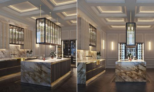 design interior kitchen ( dapur ) classic warna putih solid surface marmer granit lighting warm