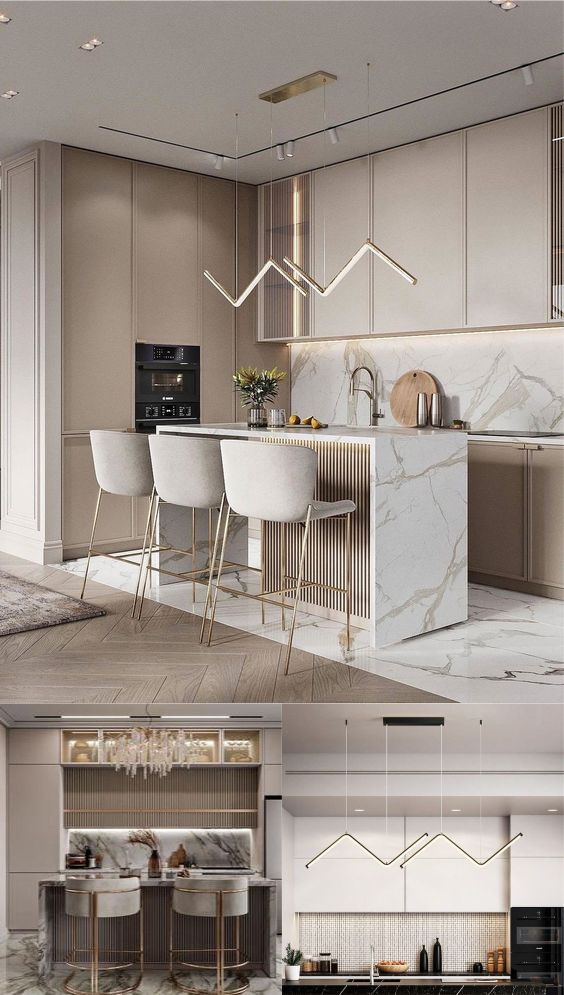 design interior kitchen ( desain dapur ) minimalis modern warna putih abu-abu krem material hpl solid surface finishing duco