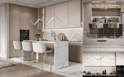 design interior kitchen ( desain dapur ) minimalis modern warna putih abu-abu krem material hpl solid surface finishing duco