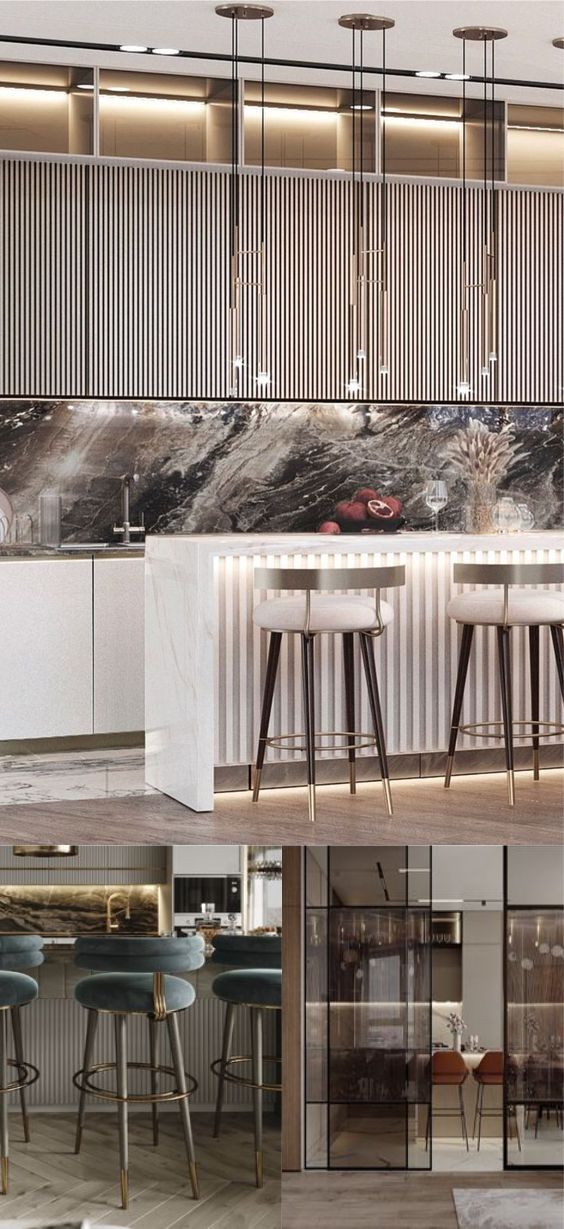 design interior kitchen ( dapur ) minimalis modern warna putih abu-abu finishing duco lighting warm